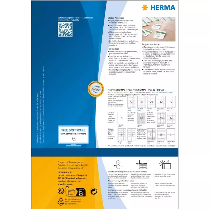 HERMA A4 52,5x93,5 mm balti popieriniai nelipnūs žymekliai 1200 vnt.