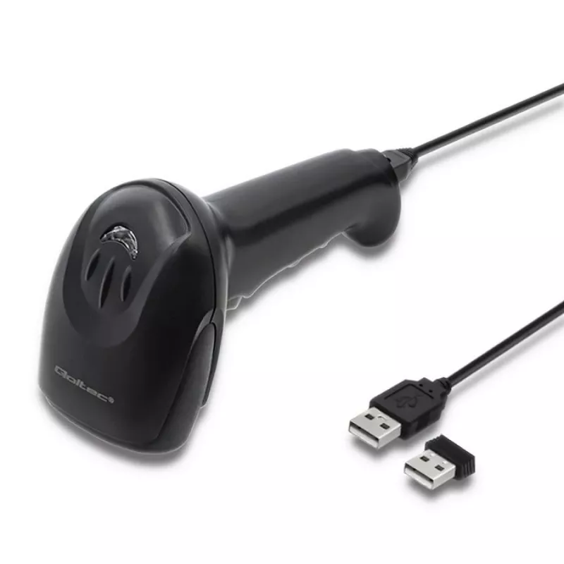 Nešiojamas brūkšninių kodų skaitytuvas QOLTEC 50868 – 1D/2D lazerinis skaitytuvas, USB laidinis ir belaidis, darbinis atstumas 600 mm, juodas