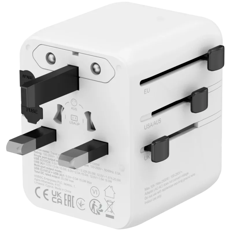 CANYON kelioninis adapteris OnTour 20 EU/UK/US/AUS 20W baltas
