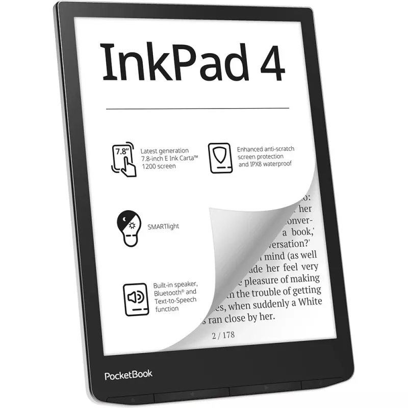 PocketBook InkPad 4 – 19,8 cm (7,8 colio) E-Ink Carta skaityklė, 1404 × 1872 px, palaiko ACSM, AZW, AZW3, CBR, CBZ, CHM, DOC, DOCX, DjVu, EPUB, EPUB DRM, FB2, FB2.ZIP, HTM, HTML, MOBI