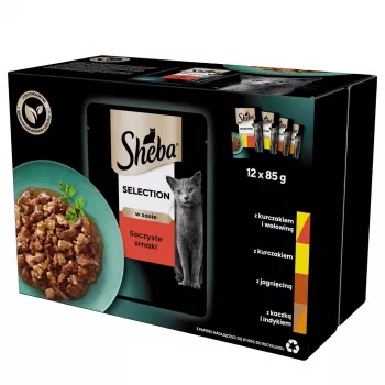Šlapias kačių ėdalas Sheba Moist, maišeliai 12×85 g (1020 g), vištiena ir ėriena, suaugusioms katėms
