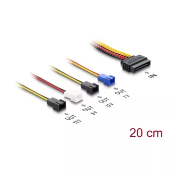 Maitinimo laidas DELOCK SATA 15 kaiščių į 4×2 kaiščių ventiliatorių (12V / 7V / 5V), 20 cm