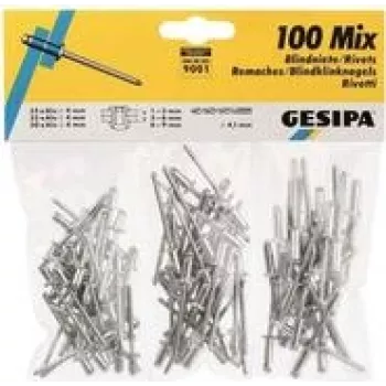 Kniedžių aklųjų rinkinys GESIPA 100 vnt. modelis 1433667 (mišrūs dydžiai, aliuminis/plienas)