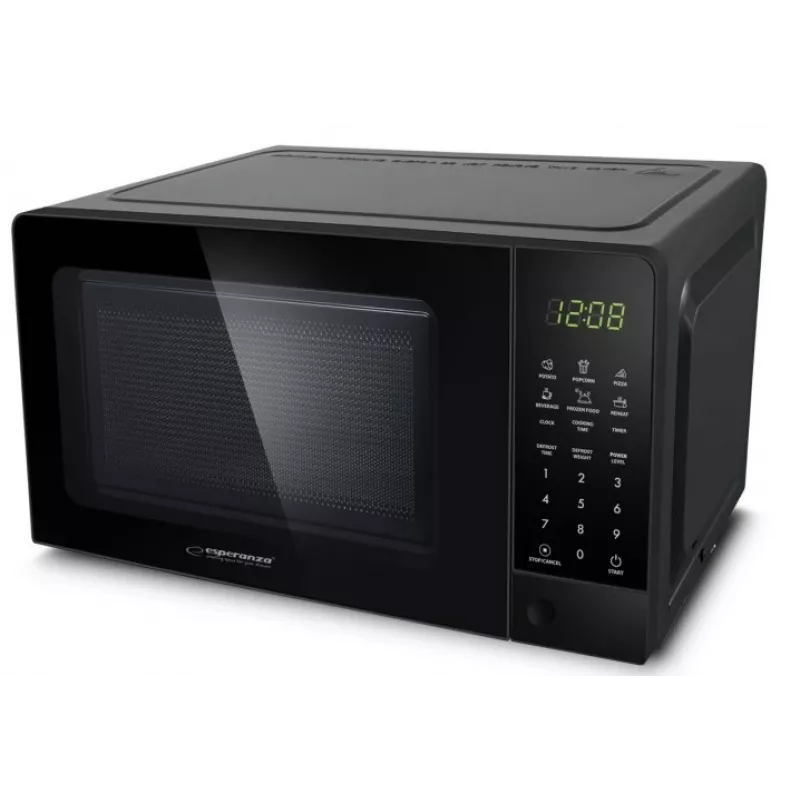 Solo mikrobangų krosnelė ESPERANZA EKO009 — 700 W, 20 L, LED ekranas, jutiklinis valdymas, 24,5 cm stiklinė plokštelė, juoda