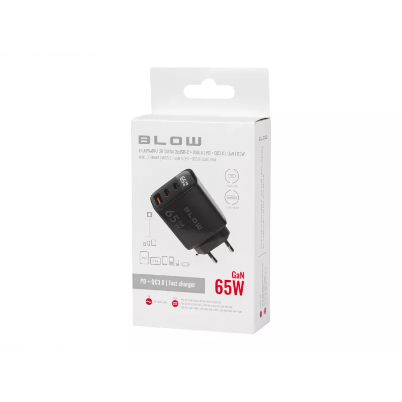 LCD sieninis įkroviklis su USB lizdu ir 2x USB-C PD 65W GAN, juodas, su vatmetru