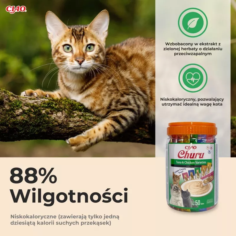 Šlapieji skanėstai katėms INABA Churu vištiena ir tunas, 50 x 14 g pastos tūbelės, be grūdų, be glitimo ir be cukraus