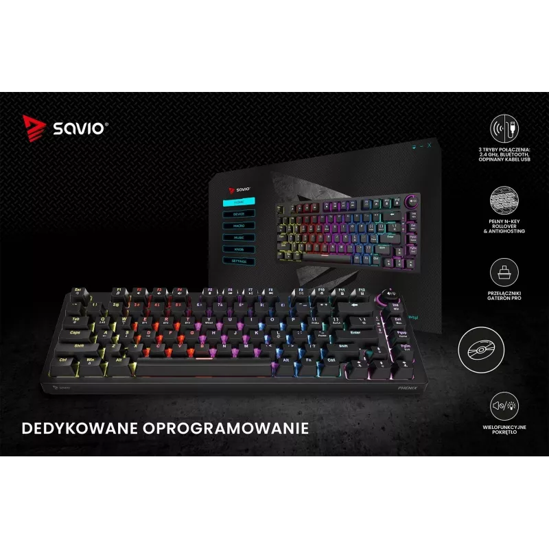 Savo Phenix SAVGK-RED mechaninė klaviatūra žaidimams 75% Gateron Pro RGB belaidė RF Bluetooth USB QWERTY