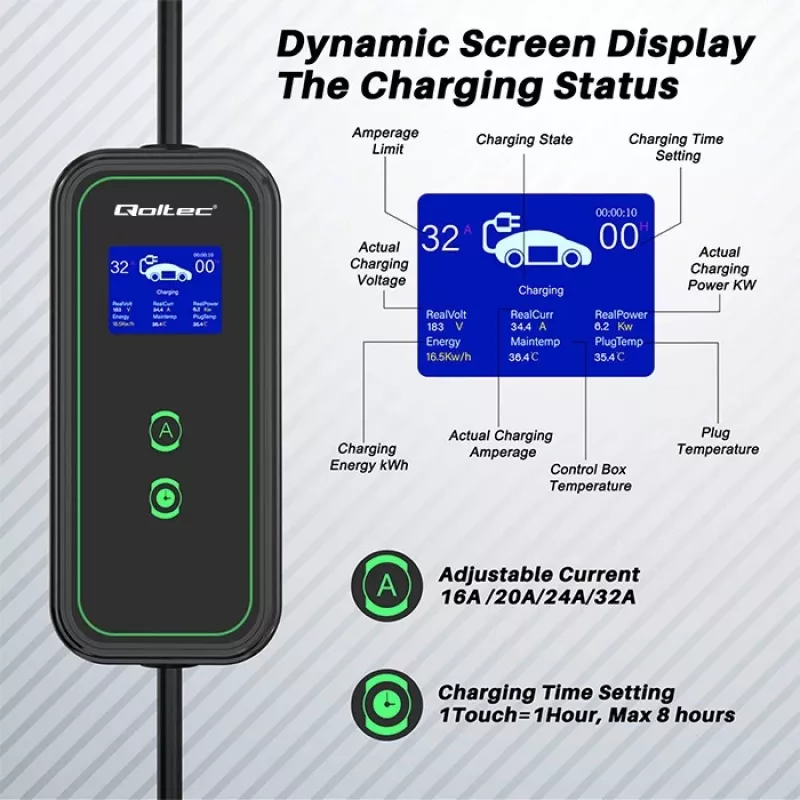 Qoltec Mobile EV automobilio įkroviklis reguliuojamas 2in1 Type2 | 7kW | 230V | CEE 3 kištukas | Wi-Fi | LCD | Nešiojamas | Wallbox | 5m