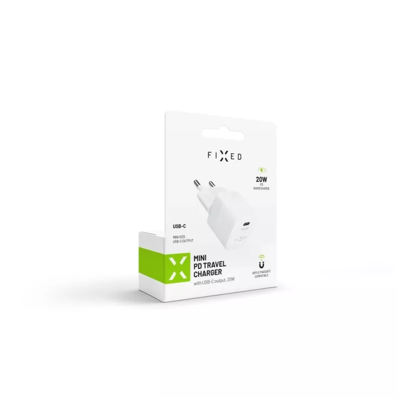 Nešiojamas USB-C kelioninis įkroviklis FIXED FIXC20M-C-WH 20W kompaktiškas dizainas