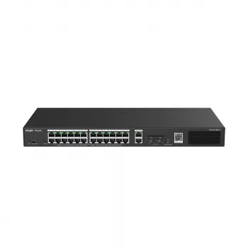Valdomas tinklo jungiklis RUIJIE RG-ES228GS-P — 26x Gigabit RJ-45, 24x PoE prievadai, 370W PoE biudžetas, 2x SFP, metalinis, montuojamas į stovą