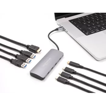 USB-C stotelė DELOCK 64323 — USB 3.2 Gen 2 Type-C pagrindinis, HDMI + 2× USB-A + 2× USB-C, 10 Gbit/s, pilka