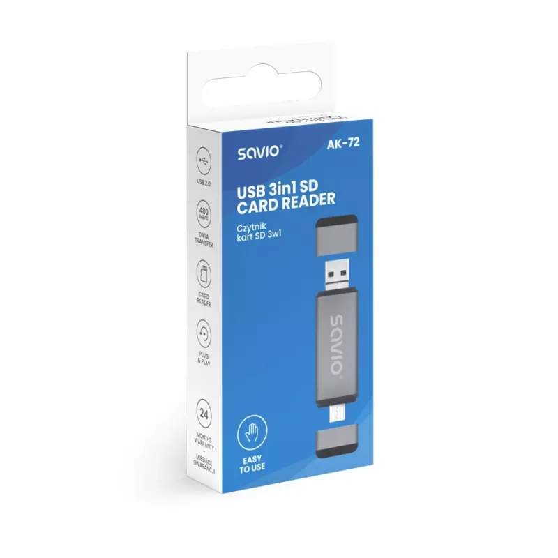 Kortelių skaitytuvas SD 3v1, USB-C + USB-A 2.0 + Micro USB