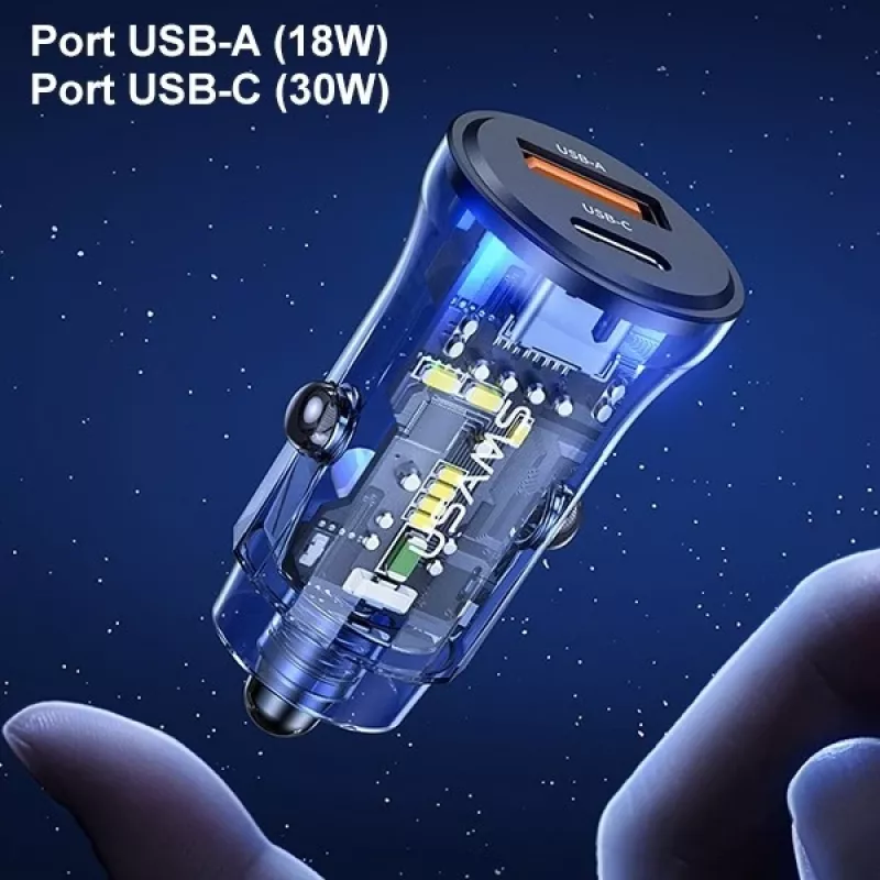 Automobilinis kroviklis usams CC164CC01 30W su 1×USB-A ir 1×USB-C greitajam krovimui