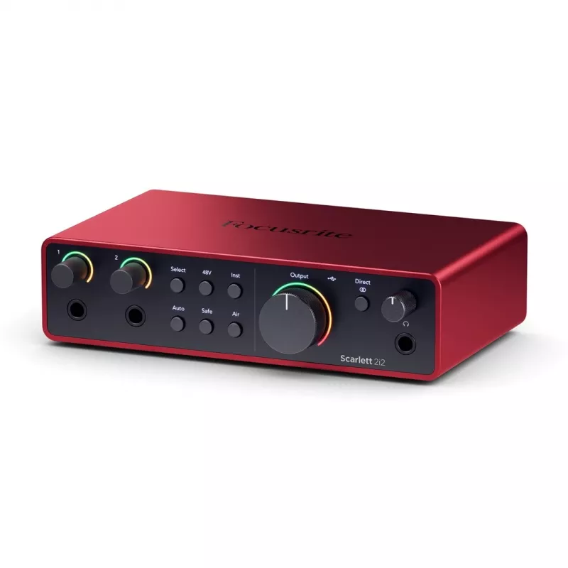 Garso sąsaja Focusrite Scarlett 2i2 4th Gen — 2-in/2-out USB-C, 24-bit/192kHz, 69 dB išankstiniai stiprintuvai, stalinis, juoda/raudona