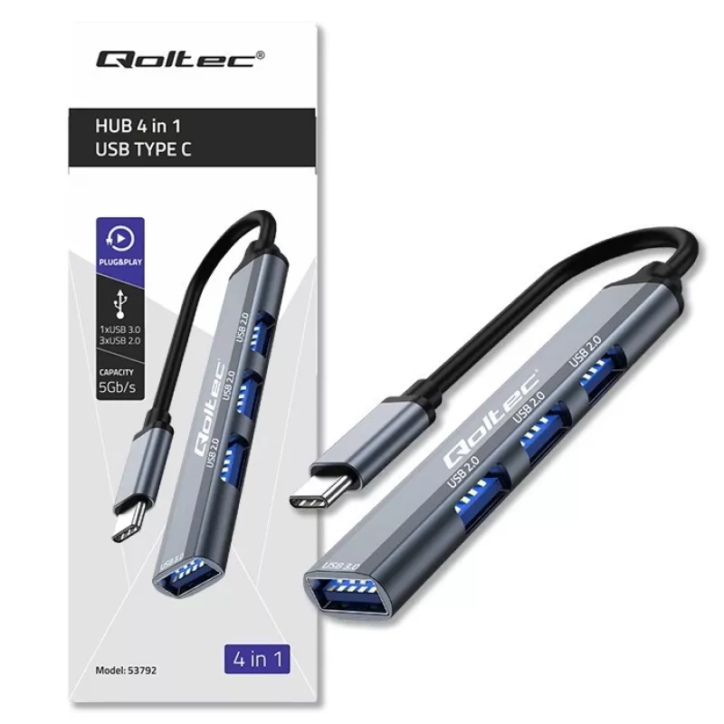 USB šakotuvas QOLTEC 53792, USB-C 3.1 į 4 prievadus (USB 3.0 x1, USB 2.0 x3)