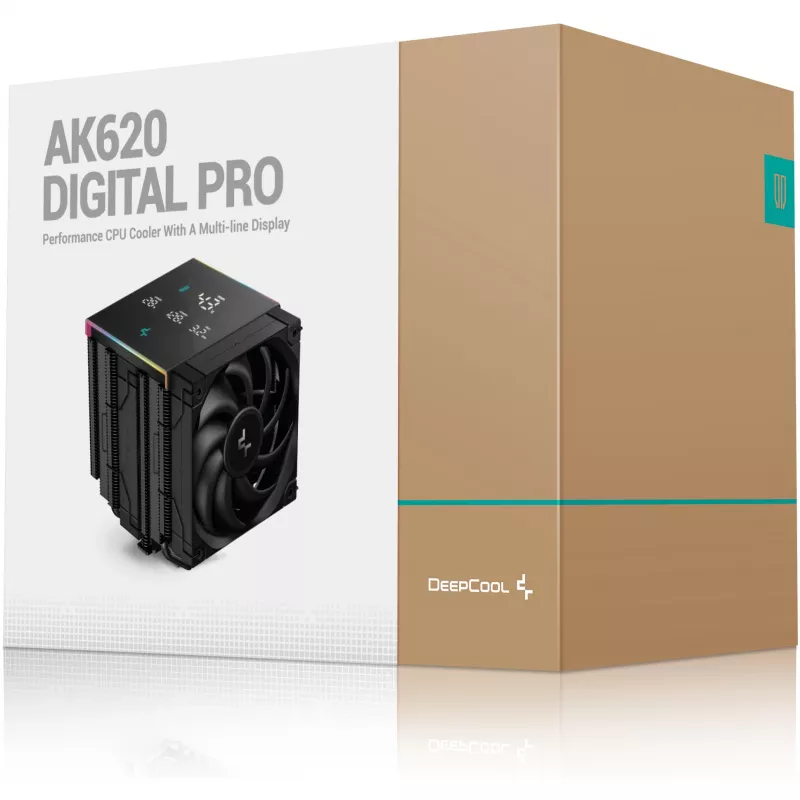 Oro aušintuvas DeepCool AK620 Digital PRO — 120 mm ventiliatorius, 1750 RPM, 25 dB, 12 V, tinka LGA1700/AM5, juodas