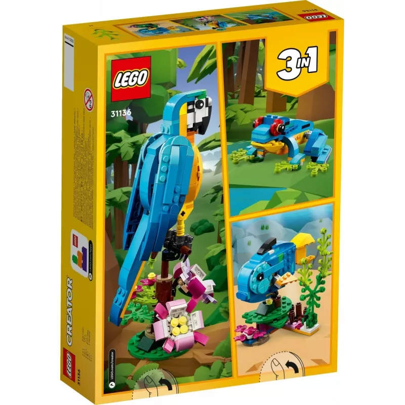 LEGO kūrybinis rinkinys Egzotiška papūga 31136 – Creator modelis, 253 detalės, 220×120×110 mm