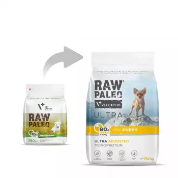 Sausas šunų ėdalas VETEXPERT Raw Paleo Ultra Mini Puppy Turkey 750 g – mažų veislių jauniklių granulės, 30% baltymų, 14% riebalų