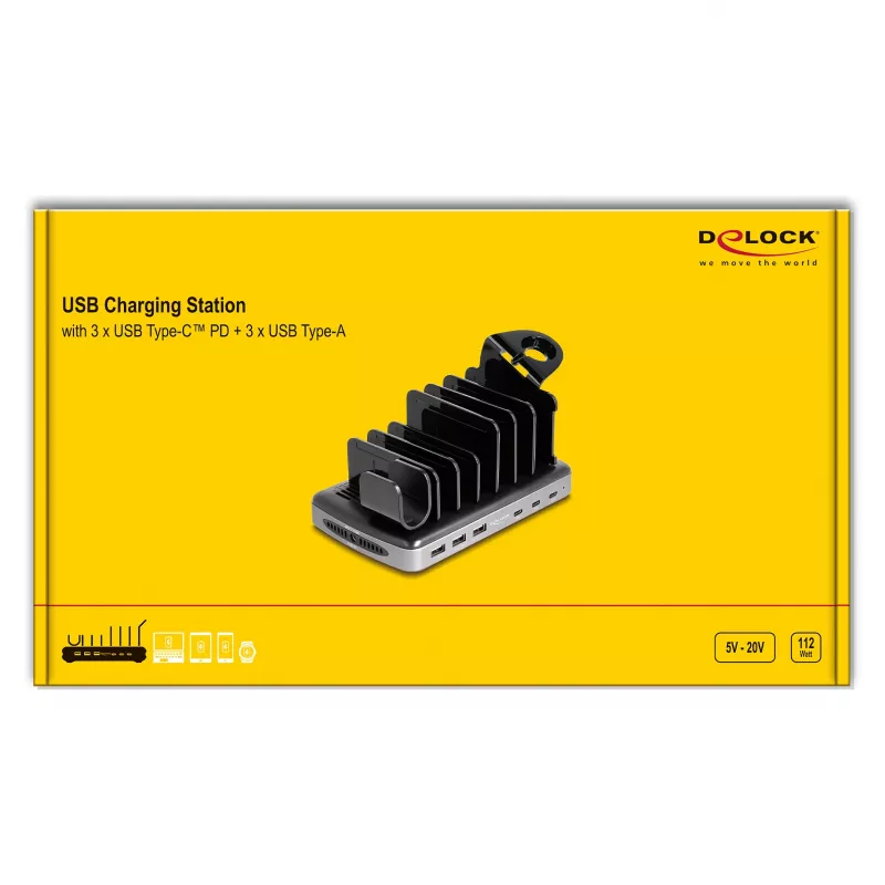 DeLOCK USB įkrovimo stotelė 3 x USB Type-C PD 3 x USB Type-A 112 W