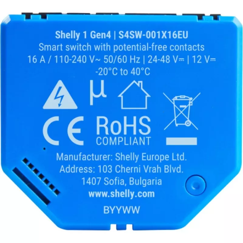 Išmanusis jungiklis Shelly 1 Gen4, belaidis, 240 V AC, Bluetooth 5.0/Wi‑Fi/ZigBee, plastikinis korpusas, 42×16×37 mm, 2 vnt. pakuotė