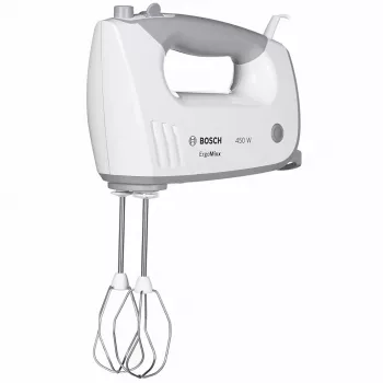 Rankinis plaktuvas Bosch MFQ36480 – 450 W, 5 greičių su turbo, pilkai/balta, plaktuvai ir tešlos kabliukai