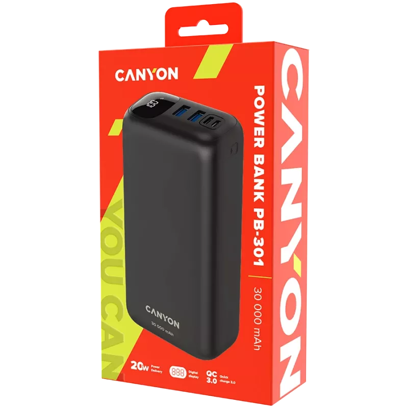 Canyon Powerbank PB-301 30000 mAh PD/QC/Display juoda
