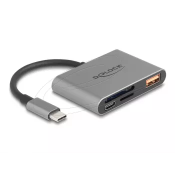Delock 91016 USB-C atmintinių kortelių skaitytuvas SD ir microSD kortelėms su USB-A prievadu ir USB-C PD