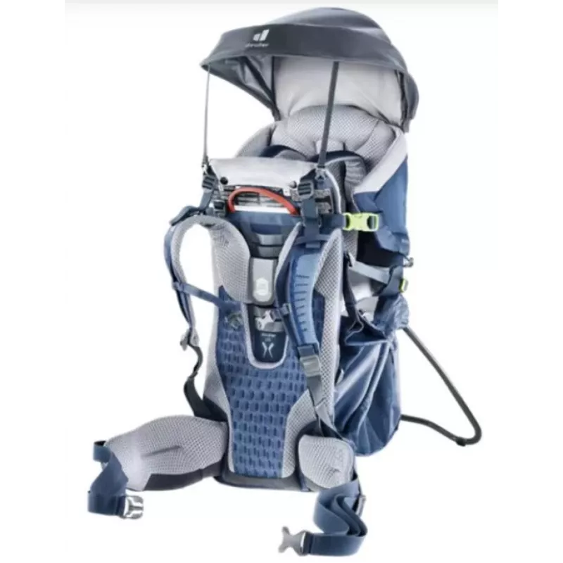 Nešiojama kuprinė vaikui DEUTER Kid Comfort Active mėlyna, poliamidas, iki 22 kg, saulės stogelis, pėdų atrama, VariQuick, Lite Air