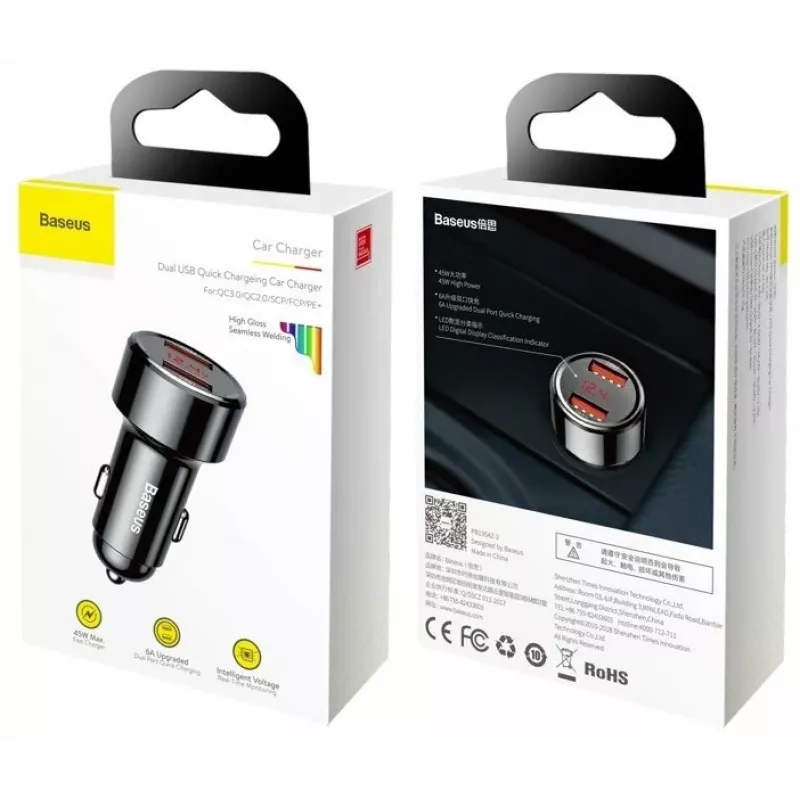 Automobilinis USB greitasis įkroviklis Baseus CCMLC20A-01 – išmaniesiems telefonams, įėjimas 12–24 V, išėjimas iki 20 V, juodas