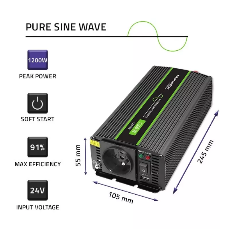 Automobilinis keitiklis Qoltec Monolith 1200 W juodas 24 V