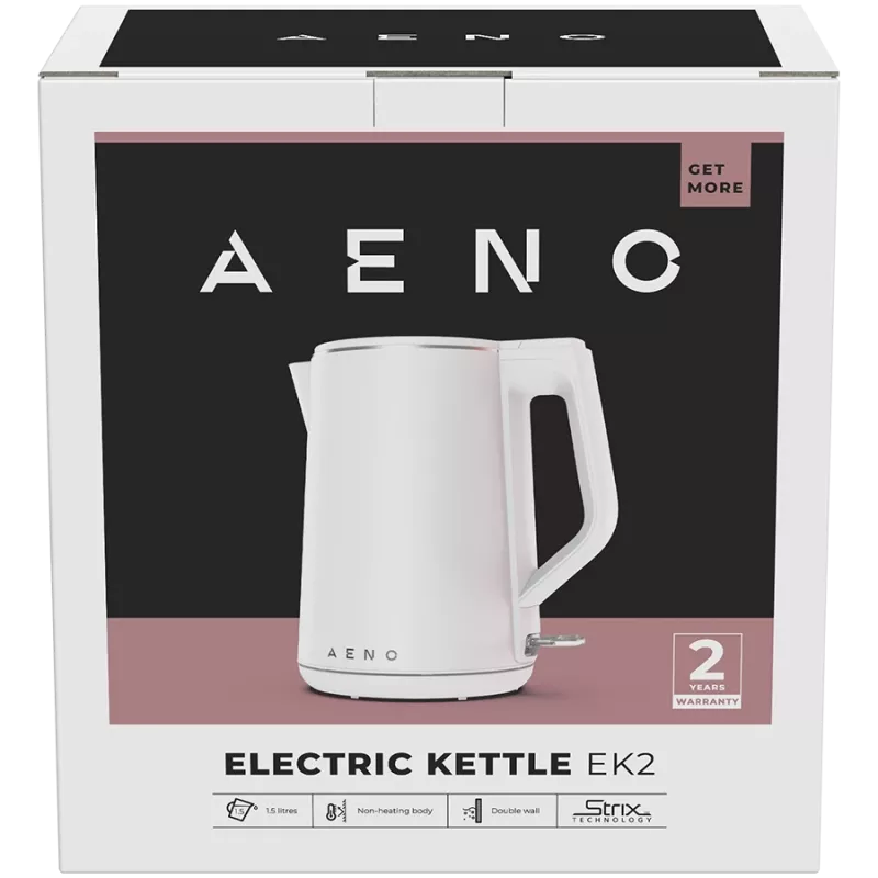 AENO EK2 elektrinis virdulys: 1850-2200 W, 1,5 l, Strix, dvigubos sienelės, neįkaitantis korpusas, automatinis išsijungimas, apsauga nuo virimo be vandens