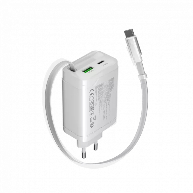 CANYON įkroviklis OnCharge 65RC su integruotu USB-C laidu 65W, 1x PD, 1x QC, EU kištukas, baltas