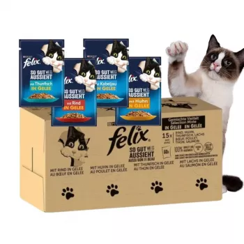 Šlapias kačių ėdalas Purina Felix aukštas baltymų kiekis 100 g pakelis – žuvis ir vištiena, suaugusioms katėms, pakuotė po 120 vnt.