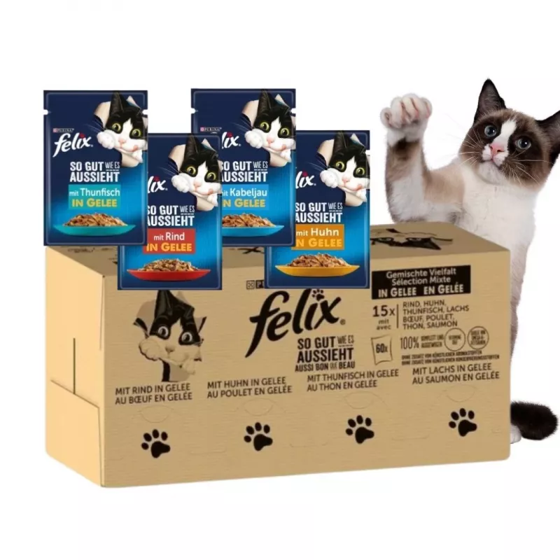 Šlapias kačių ėdalas Purina Felix aukštas baltymų kiekis 100 g pakelis – žuvis ir vištiena, suaugusioms katėms, pakuotė po 120 vnt.