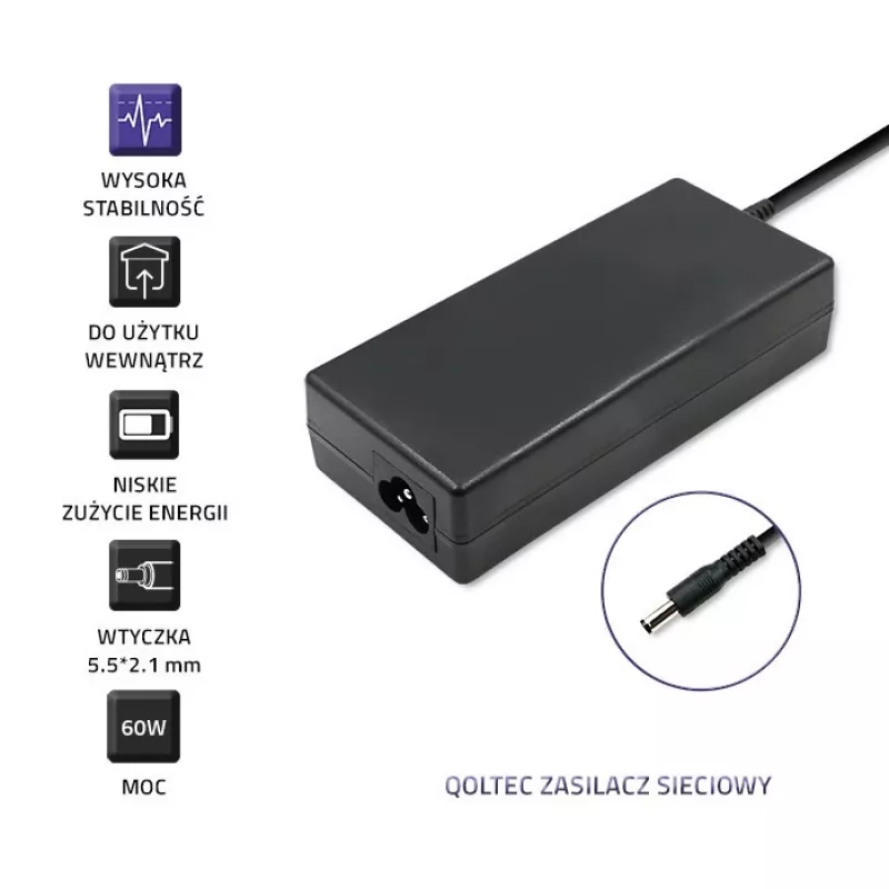 Qoltec 50797 stalinis maitinimo šaltinis 60 W, 12 V, 5 A, 5,5x2,1 mm, su maitinimo kabeliu