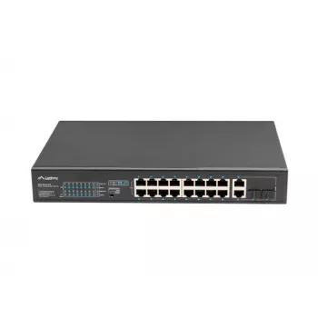 Nevaldomas komutatorius LANBERG RSFE-16P-2C-150 — 18 prievadų Gigabit, 16 PoE+/2 SFP, 150 W bendra galia, 1U stovas, metalinis, juodas