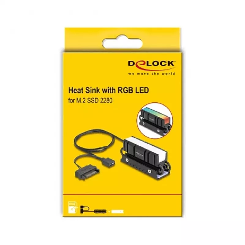 Šilumos šalintuvas DELOCK 18460 M.2 SSD 2280 — aliuminis/varis, RGB 5V, juodas