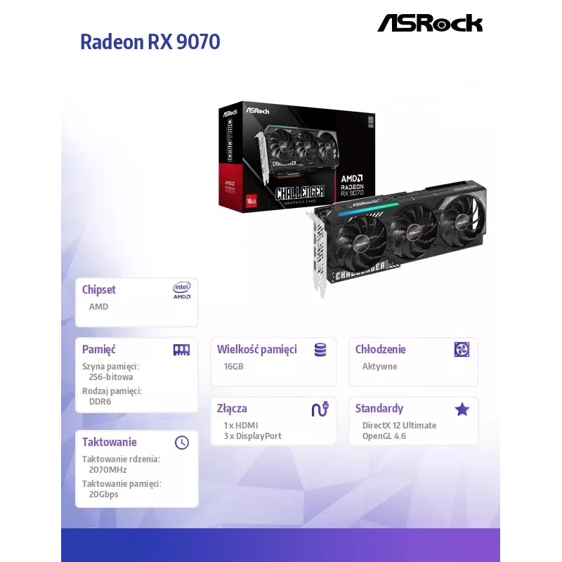 Vaizdo plokštė ASRock Challenger Radeon RX 9070 — 16 GB GDDR6, 256 bit, PCIe 5.0, 3x DisplayPort 2.1a + HDMI 2.1b