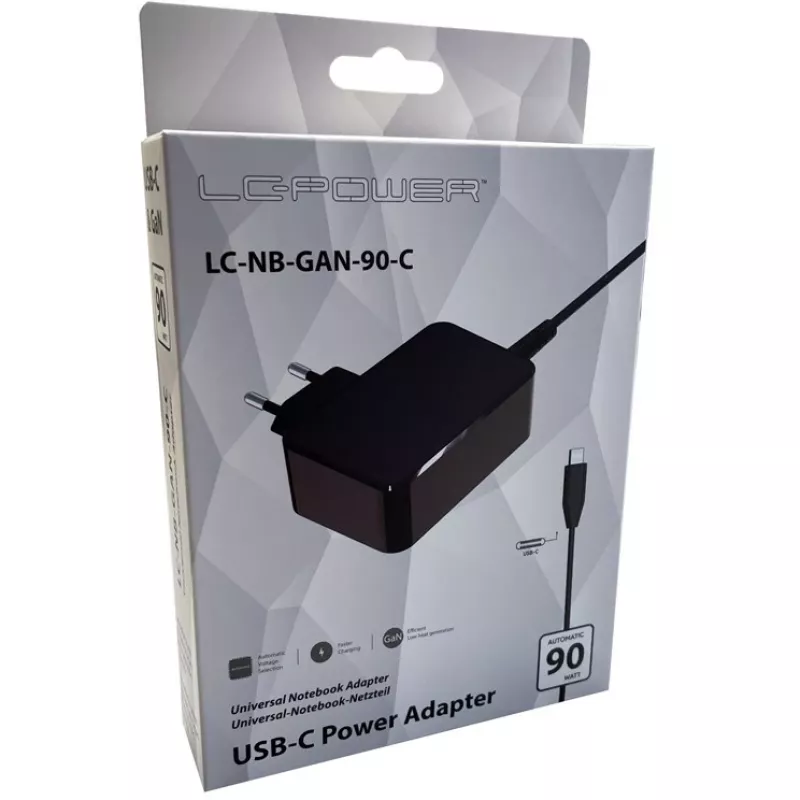 Vidinis USB-C nešiojamojo kompiuterio kroviklis LC-Power LC-NB-GAN-90-C, GaN, 90 W, juodas