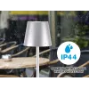 Beper P201UTP117 akumuliatorinė LED stalo lempa, 1,5 W, jutiklinis jungiklis, su ryškumo reguliavimu, 33 mm buteliui skirtas adapteris, atspari vandeniui, sidabro spalvos