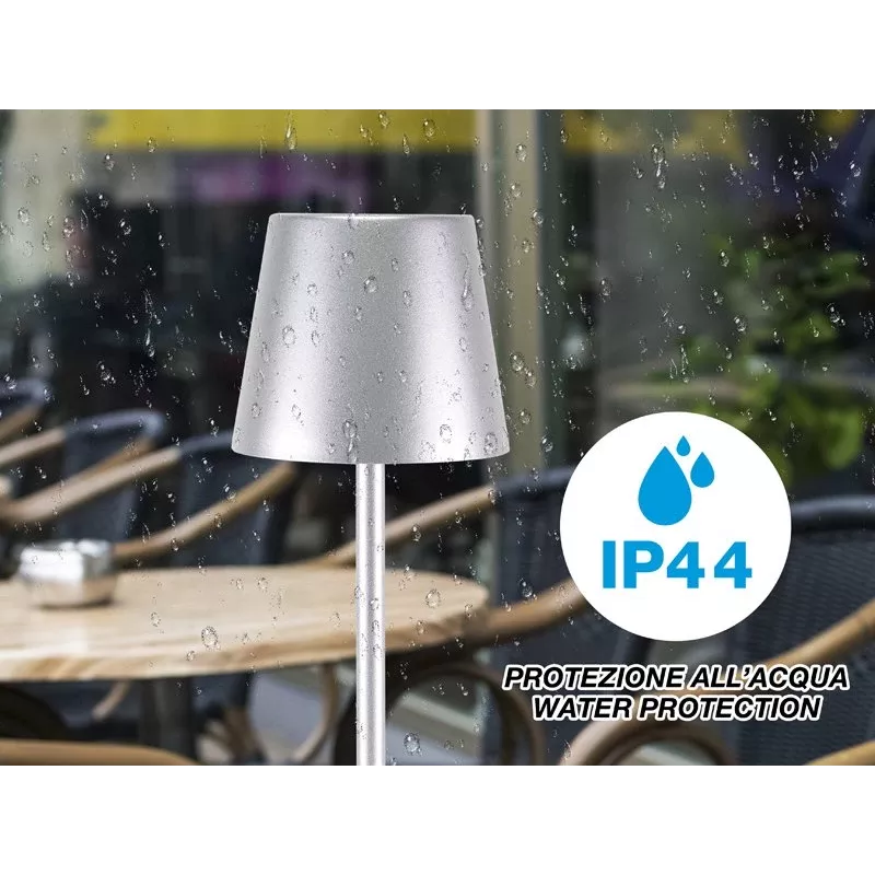 Beper P201UTP117 akumuliatorinė LED stalo lempa, 1,5 W, jutiklinis jungiklis, su ryškumo reguliavimu, 33 mm buteliui skirtas adapteris, atspari vandeniui, sidabro spalvos