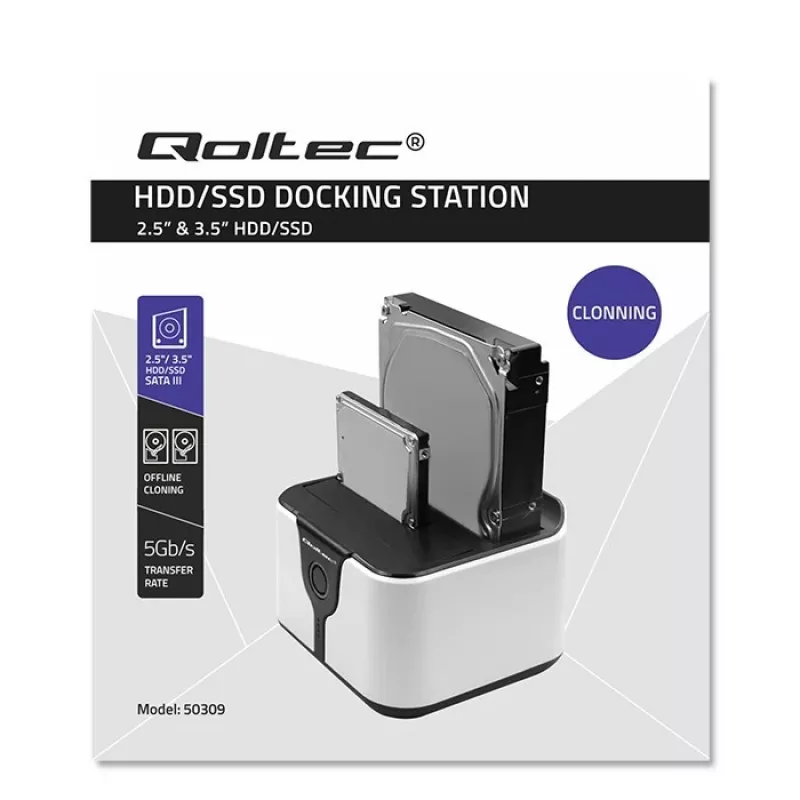 Qoltec 50309 HDD SSD 2.5 3.5 dokavimo stotelė | SATA III | USB 3.0 | Super greitis 5Gb/s | su klonavimo funkcija