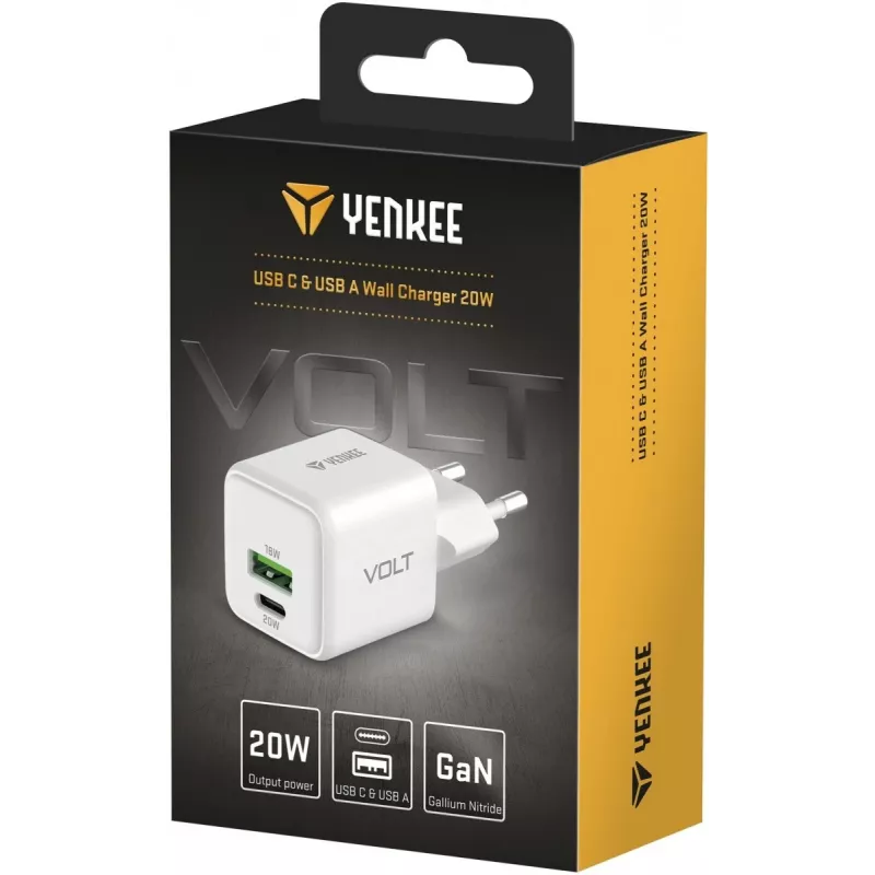 Sieninis USB-C / USB-A įkroviklis YENKEE YAC G38 20W 3A Power Delivery