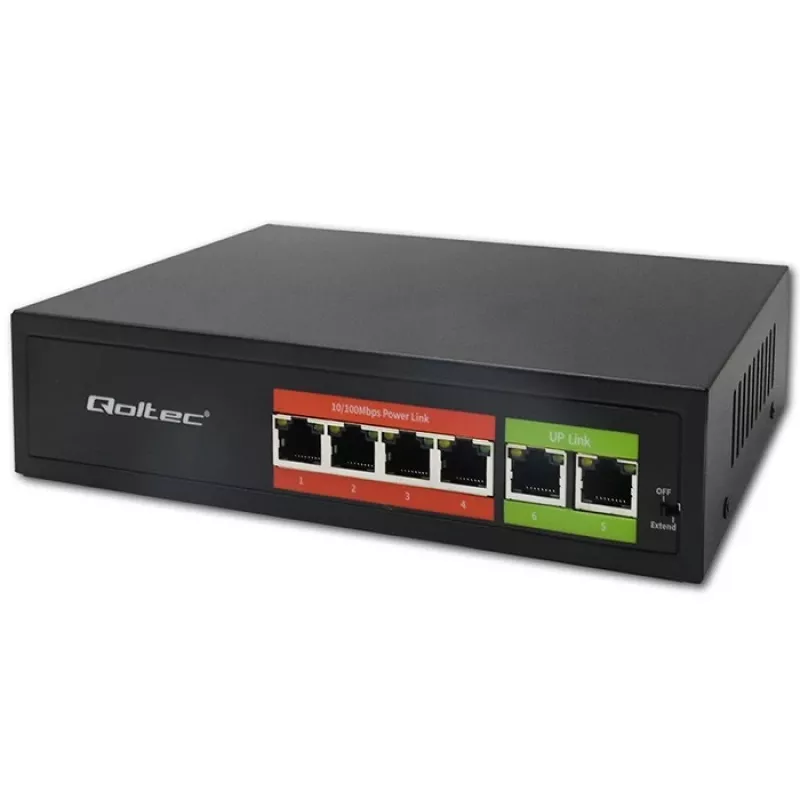 Eterneto PoE jungiklis QOLTEC 52289 — 4x RJ45 PoE prievadai, 2x RJ45 uplink, 65W galios biudžetas