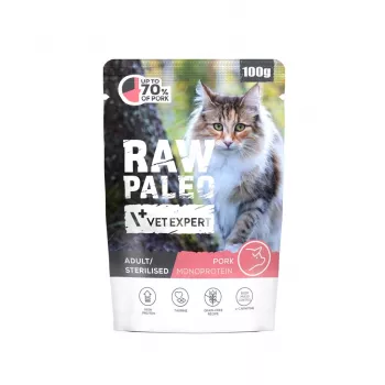 Šlapias kačių ėdalas VETEXPERT Raw Paleo Adult Sterilised Pork 100 g – visavertė mityba sterilizuotoms suaugusioms katėms