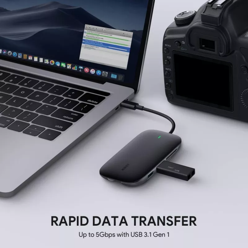 USB-C stotelė nešiojamam kompiuteriui AUKEY CB-C71 — 3x USB‑C (USB 3.2 Gen1), HDMI, RJ‑45, MicroSD, USB PD 100W, 0,15 m kabelis, juoda