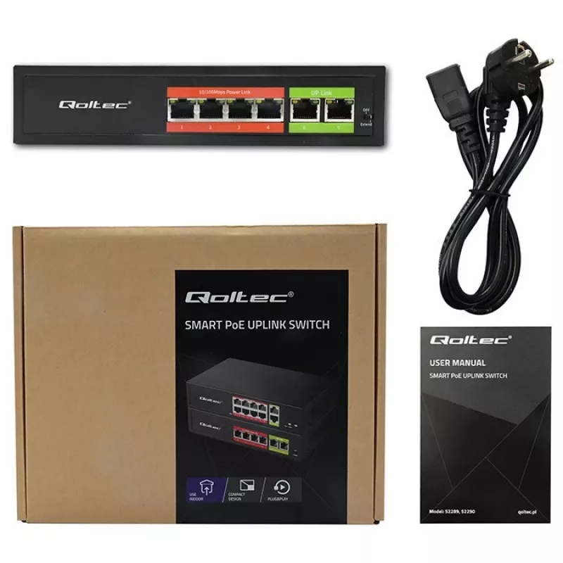 Eterneto PoE jungiklis QOLTEC 52289 — 4x RJ45 PoE prievadai, 2x RJ45 uplink, 65W galios biudžetas