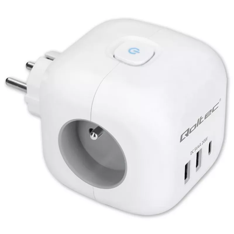 QOLTEC 52548 ilgintuvas su 3×AC lizdais ir USB prievadu