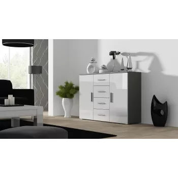 Sideboard Cama Meble UNI pilkos/baltos glotnios spalvos, 2 durys, 2 lentynos, 1320×380×920 mm