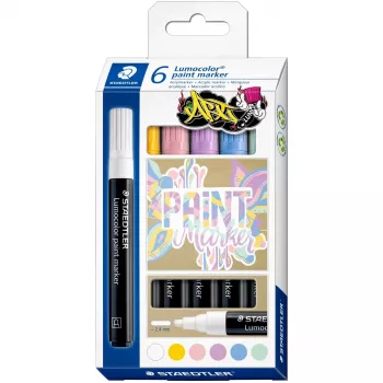 Žymeklių rinkinys Staedtler Lumocolor 6 pastelinių spalvų – akriliniai rašalai, asortimentas 6 pastelinių atspalvių